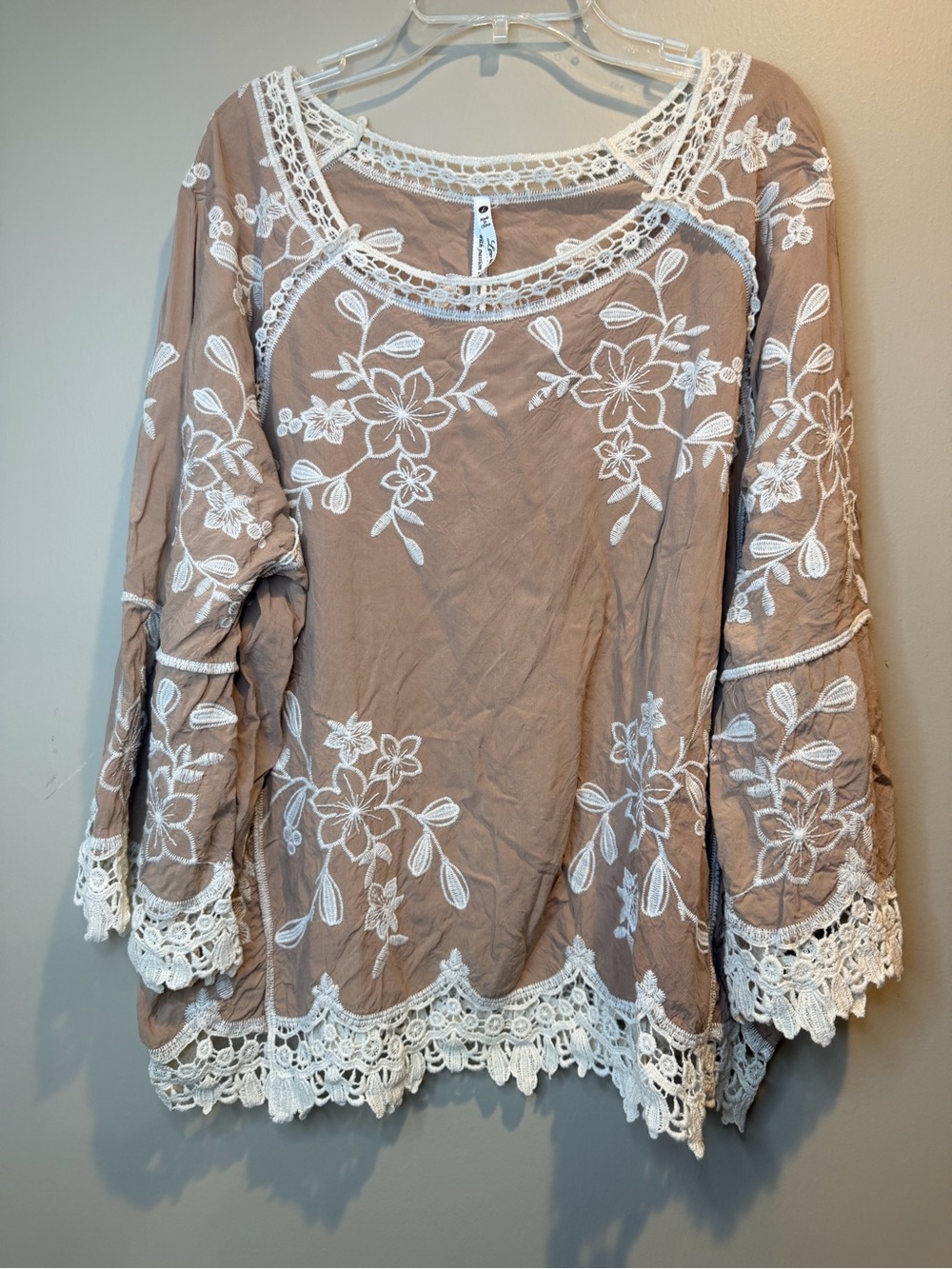 Leo & Nicole Taupe Tunic with White Floral Embroidery